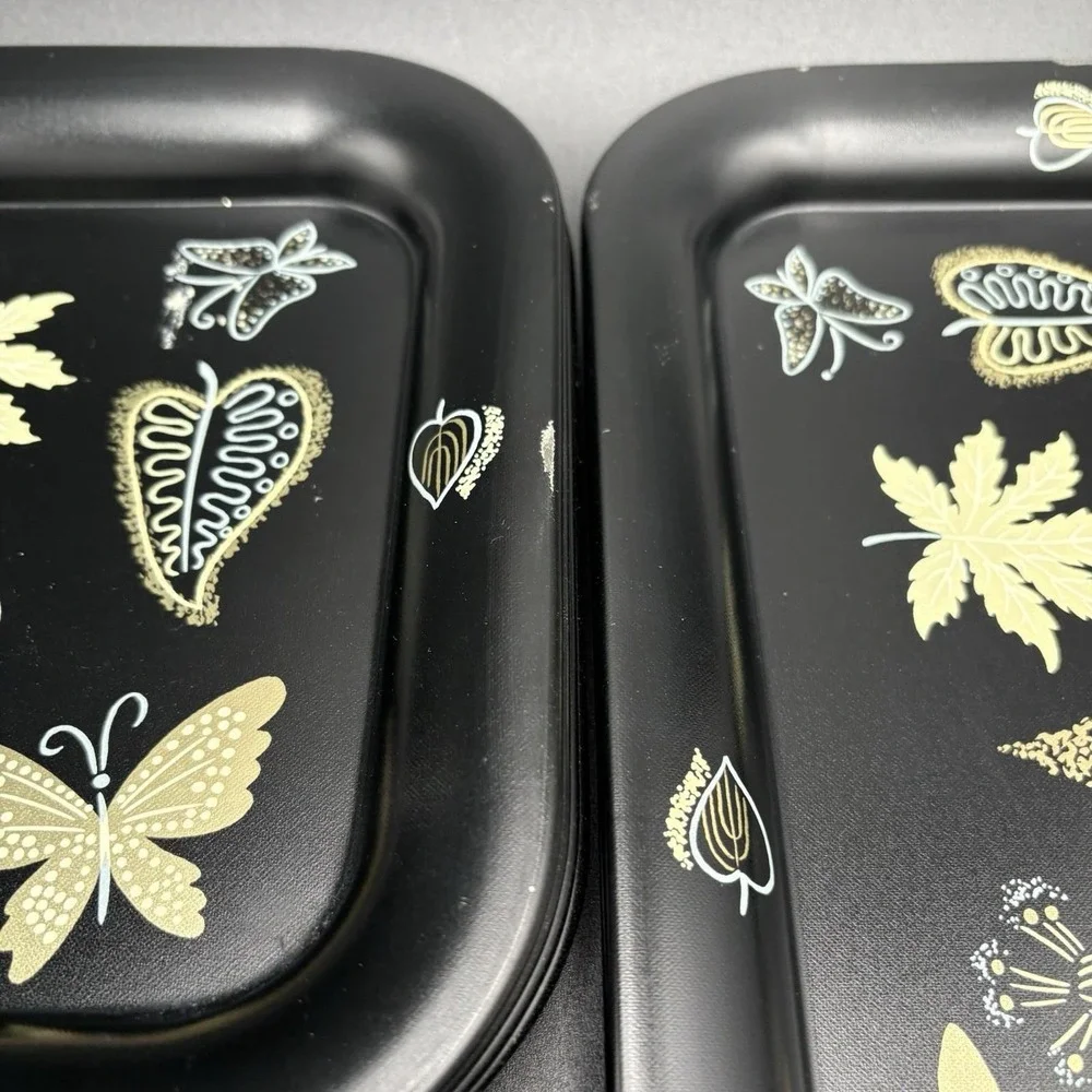 MCM Metal Trays Serving Platters Butterflies Leaves Flowers Black Gold 1960 8pc